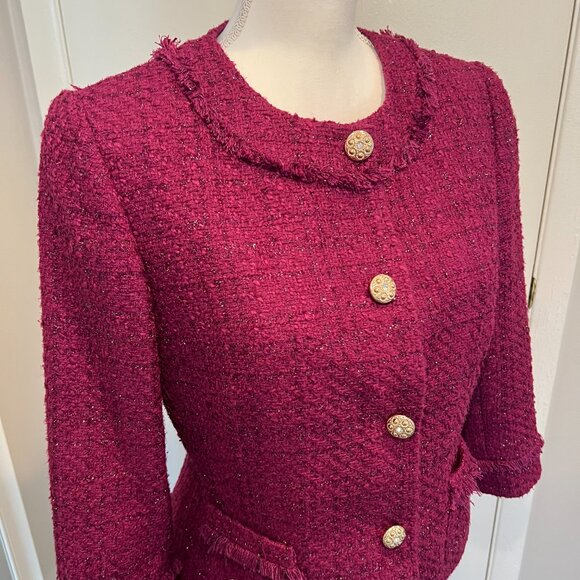 Tahari ASL Magenta Metallic Tweed Skirt Suit with Fringe Detail, Size 10 - Picture 7 of 16